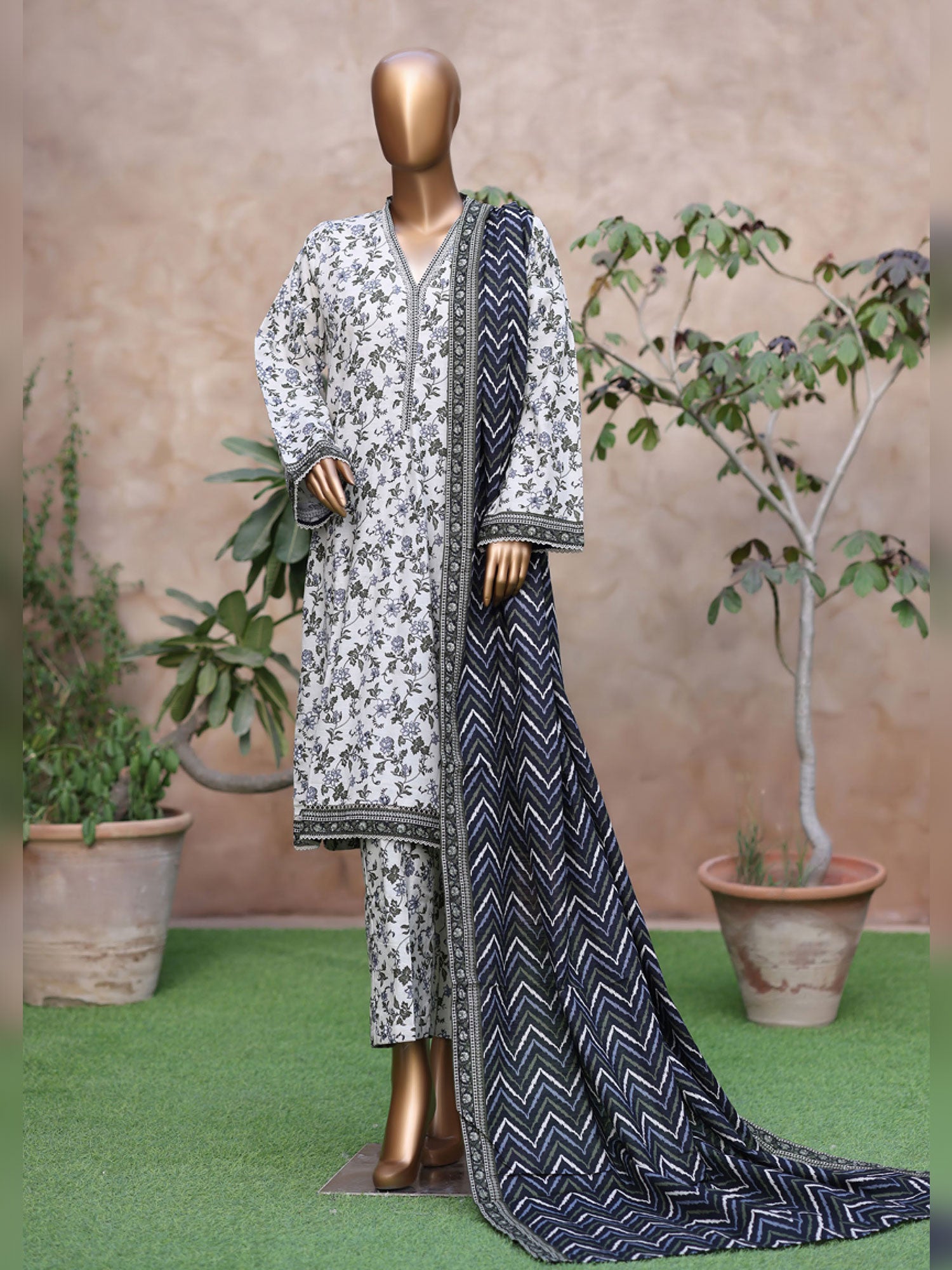 Bin Saeed Printed Khaddar 3-Piece Suit - Light Green
