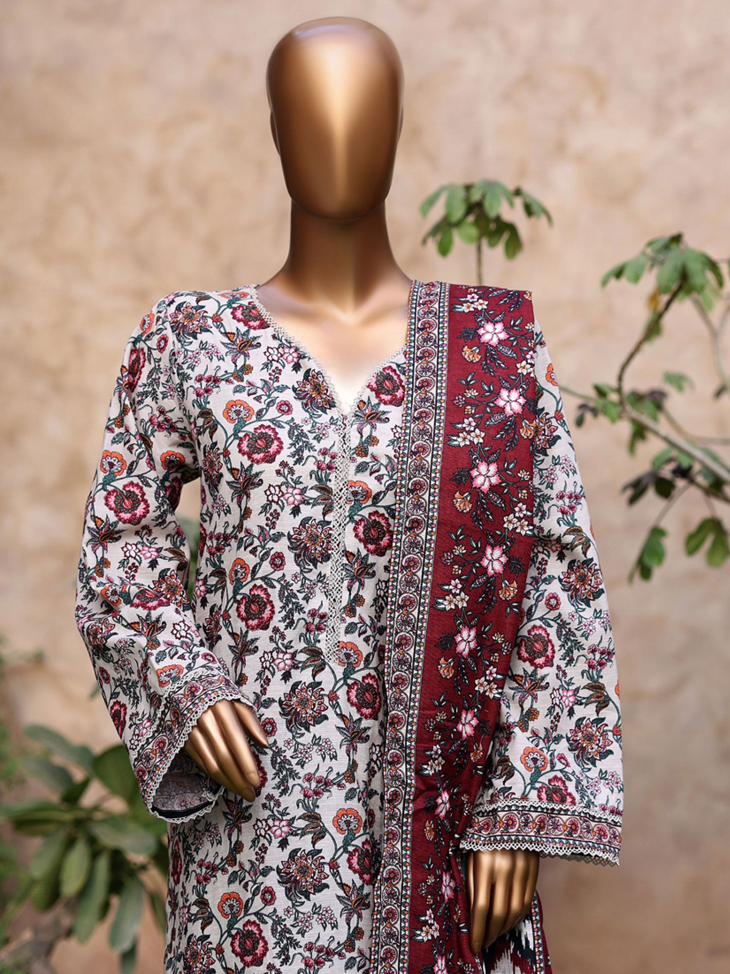 Bin Saeed Printed Khaddar 3-Piece Suit - White & Red