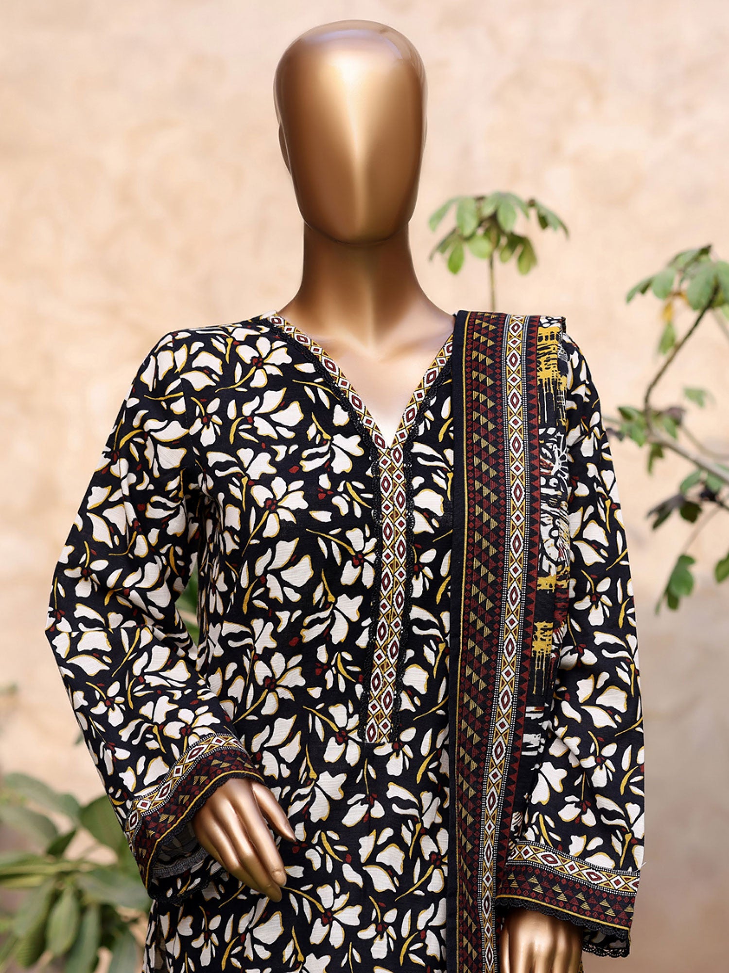 Bin Saeed Printed Khaddar 3-Piece Suit - Black