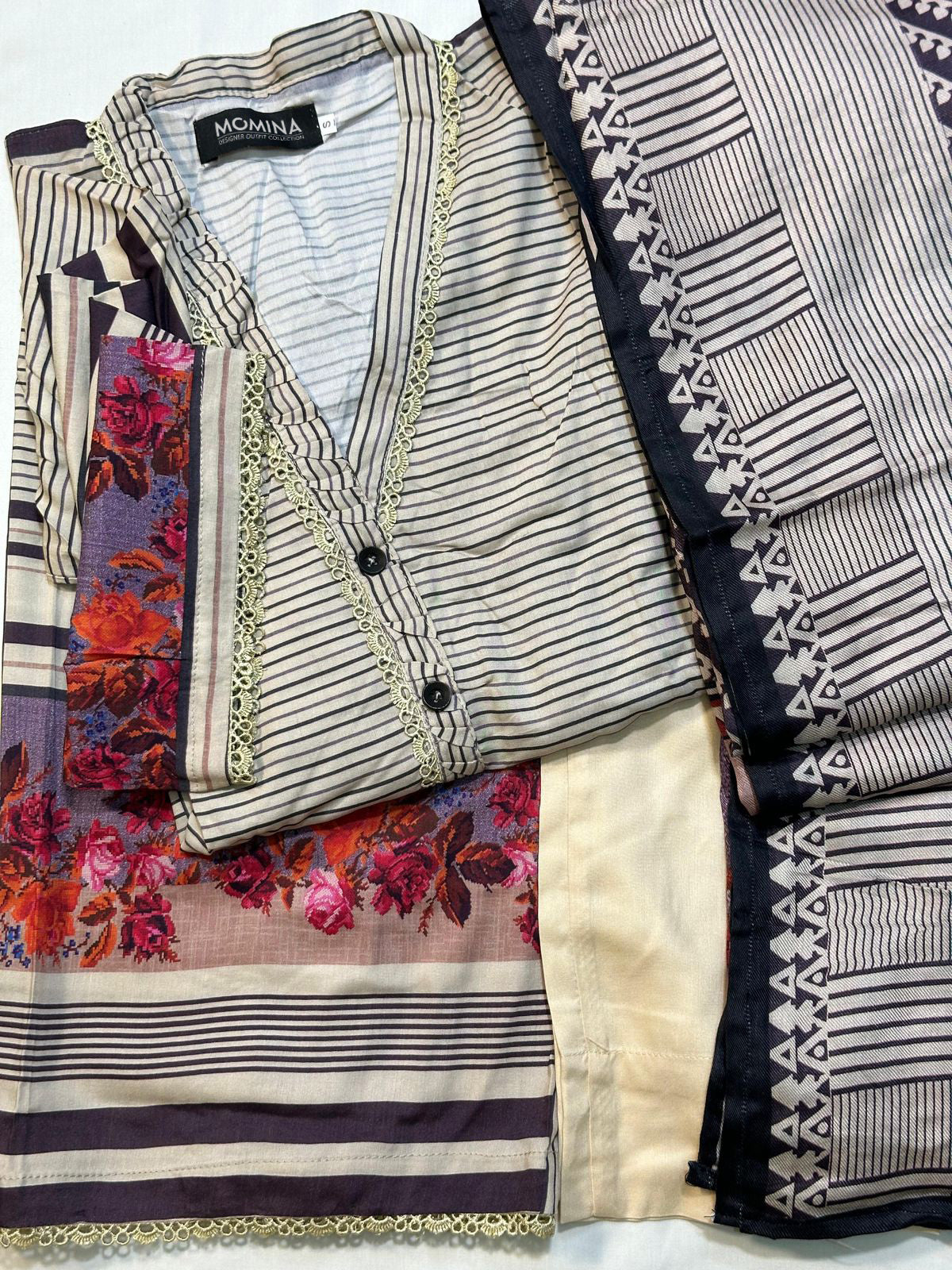 Beige Striped Casual Winter Linen 3-Piece Suit