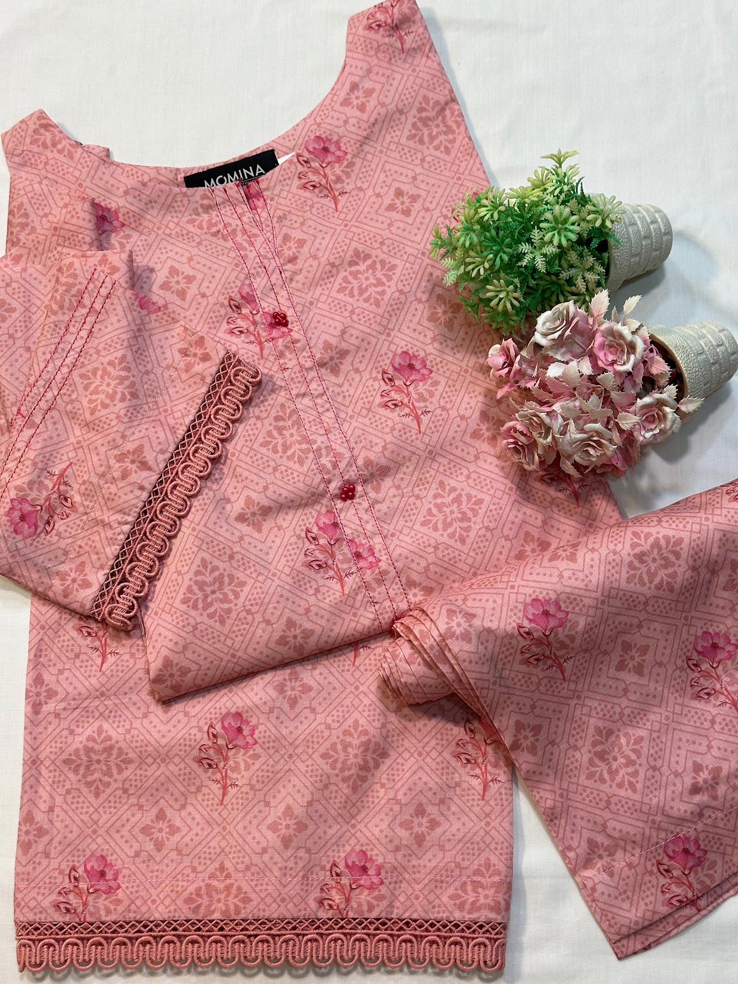 Coral Pink Casual Printed Lawn 2-Piece Suit