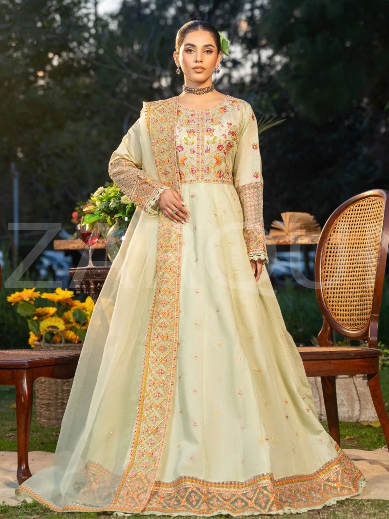 Zarqun Pistachio Embroidered Luxury Khadi Cotton Suit (2419B)