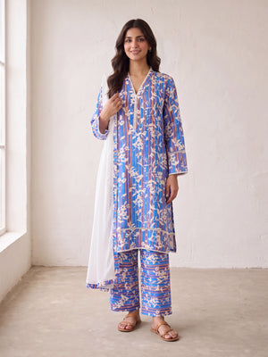 Cobalt blue soft linen casual 3-piece suit with white chiffon dupatta - front view