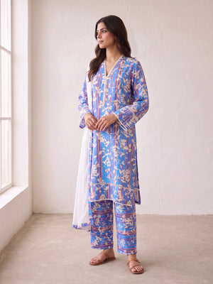 Cobalt blue linen printed suit - angled view