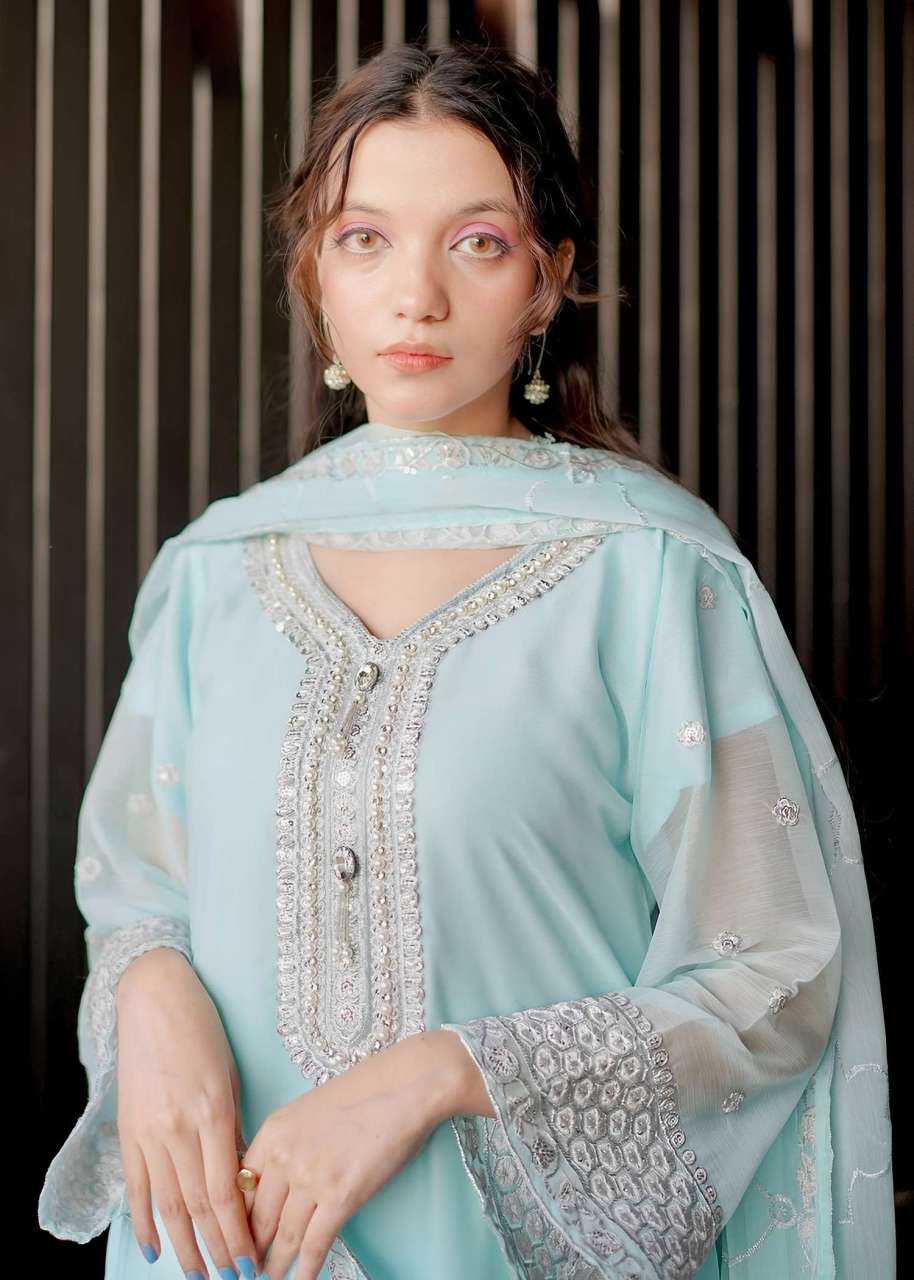 Sky Blue Embroidered Chiffon Suit with Gharara