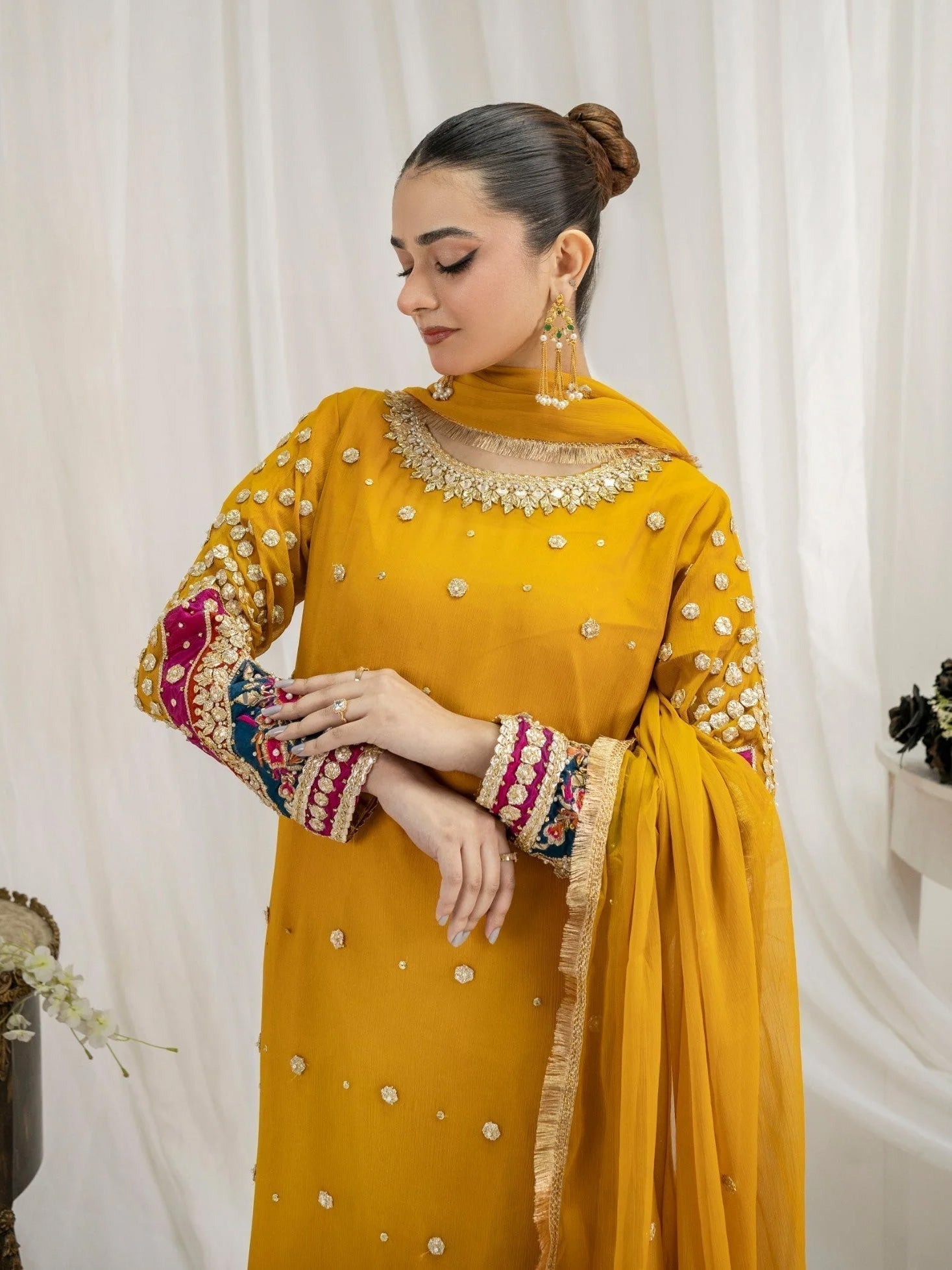 Mustard Luxury Chiffon Suit with Sharara