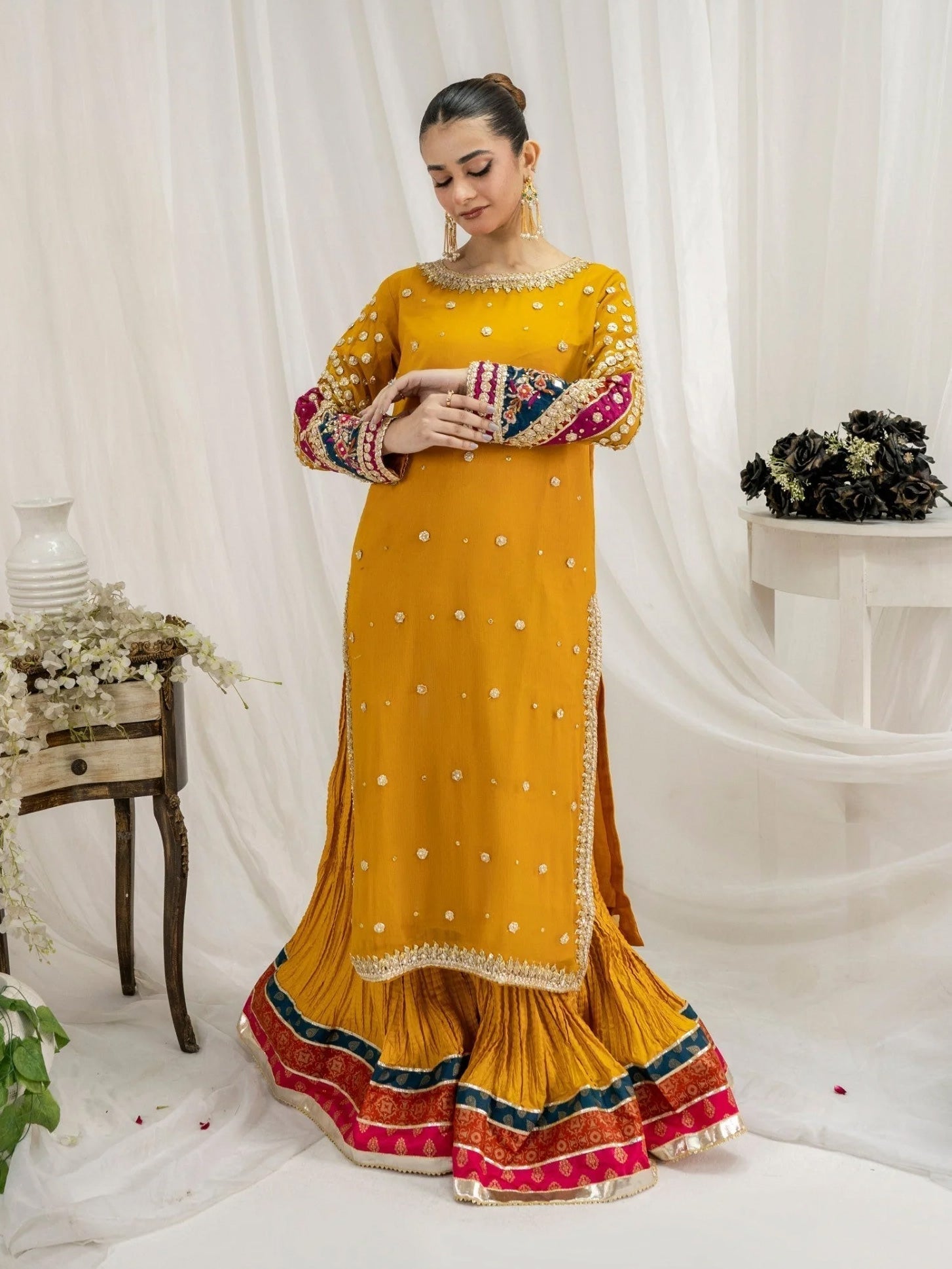 Mustard Luxury Chiffon Suit with Sharara