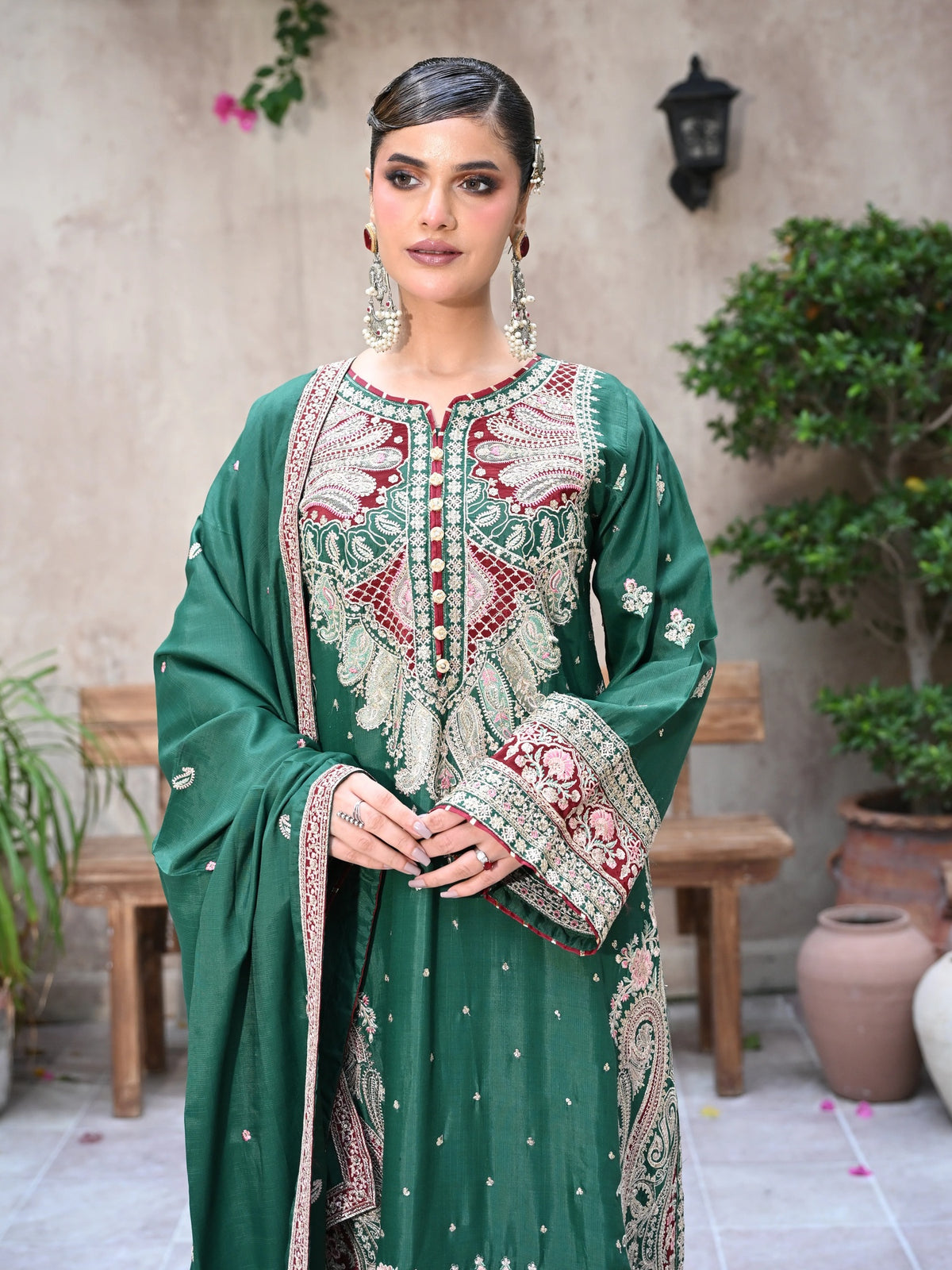 Emerald Green Embroidered Raw Silk 3-Piece Suit (D07)