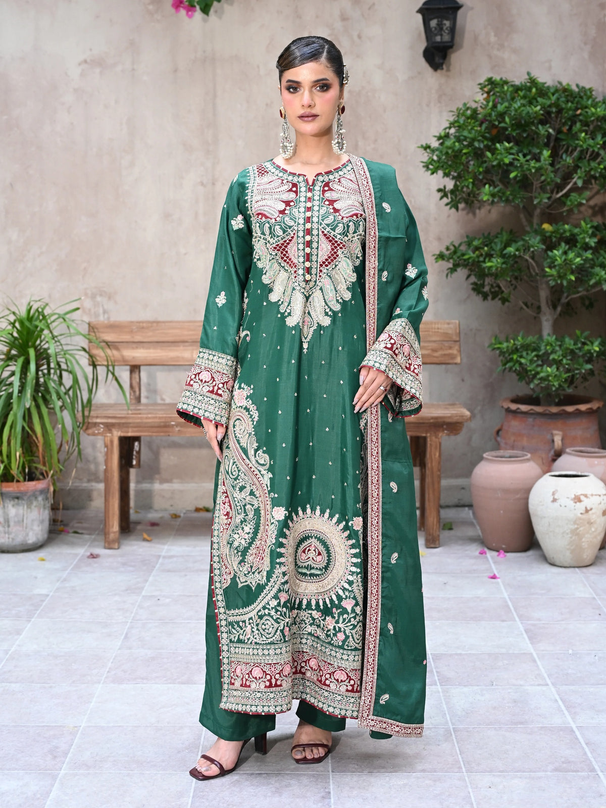 Emerald Green Embroidered Raw Silk 3-Piece Suit (D07)