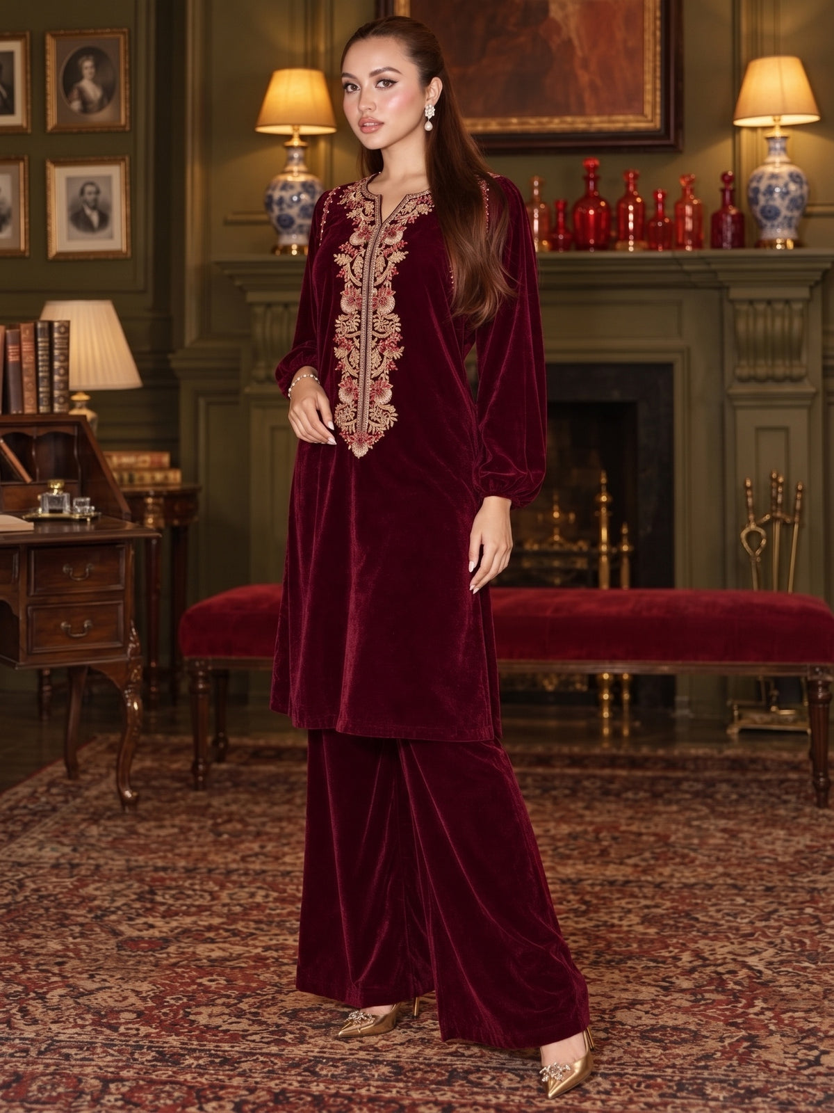 Raniya.H "Mehr-e-Noor" Velvet 2-Piece Suit - Maroon