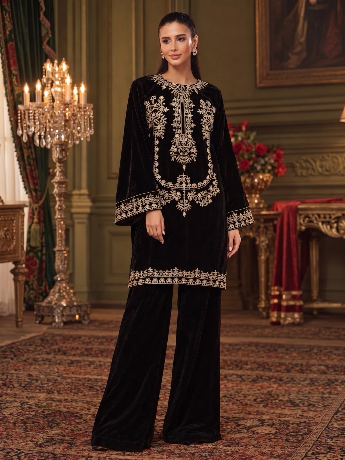 Raniya.H "Mehr-e-Noor" Velvet 2-Piece Suit - Black