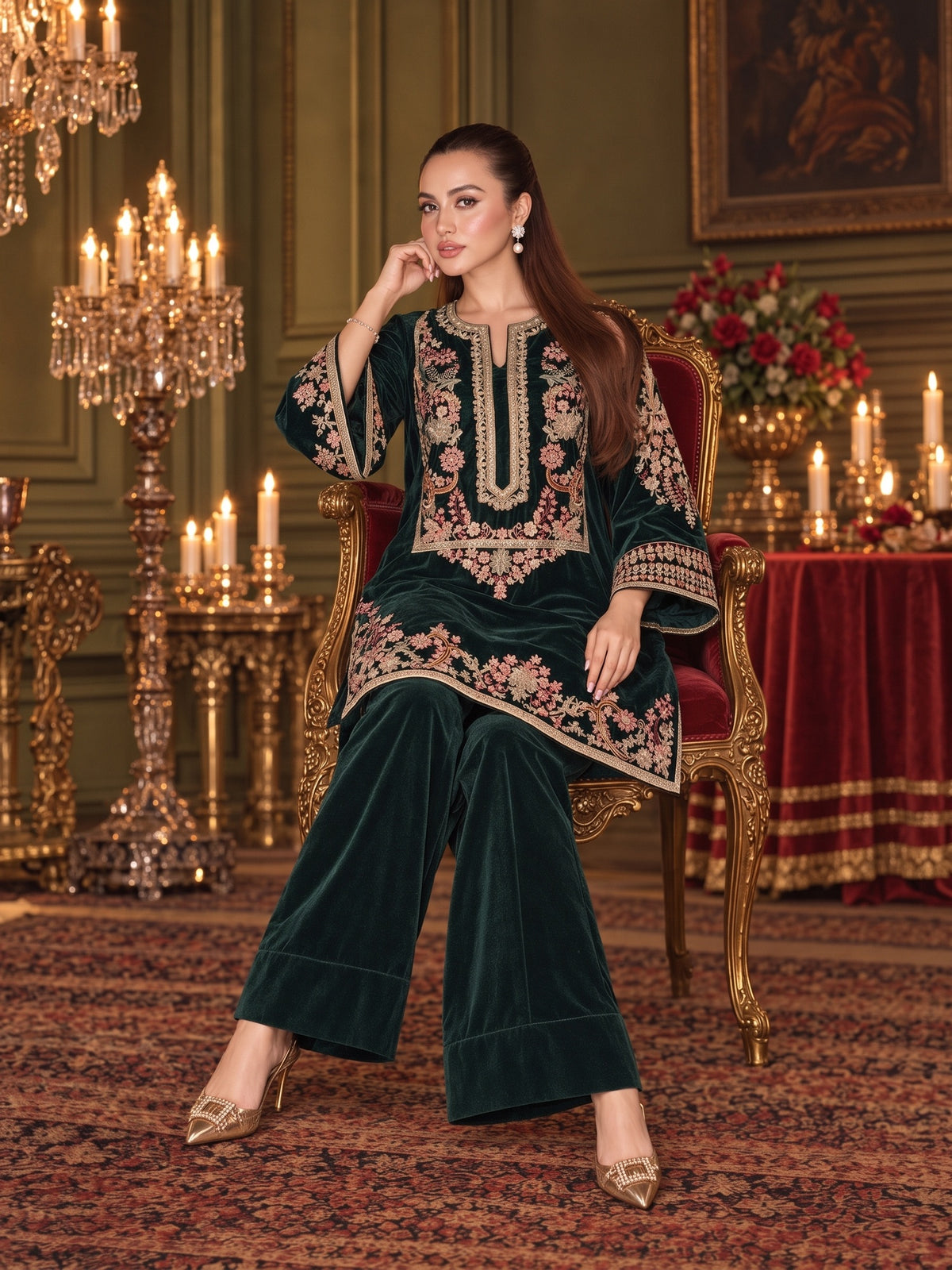 Raniya.H "Mehr-e-Noor" Velvet 2-Piece Suit - Bottle Green