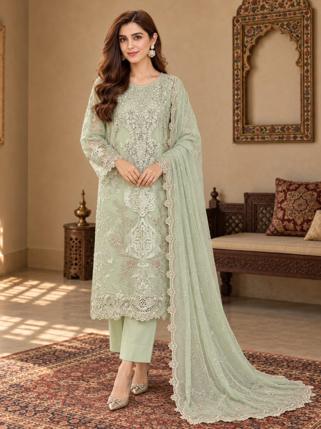 MOMINA "Leher" Embroidered Chiffon 3-Piece Suit - Mint Green