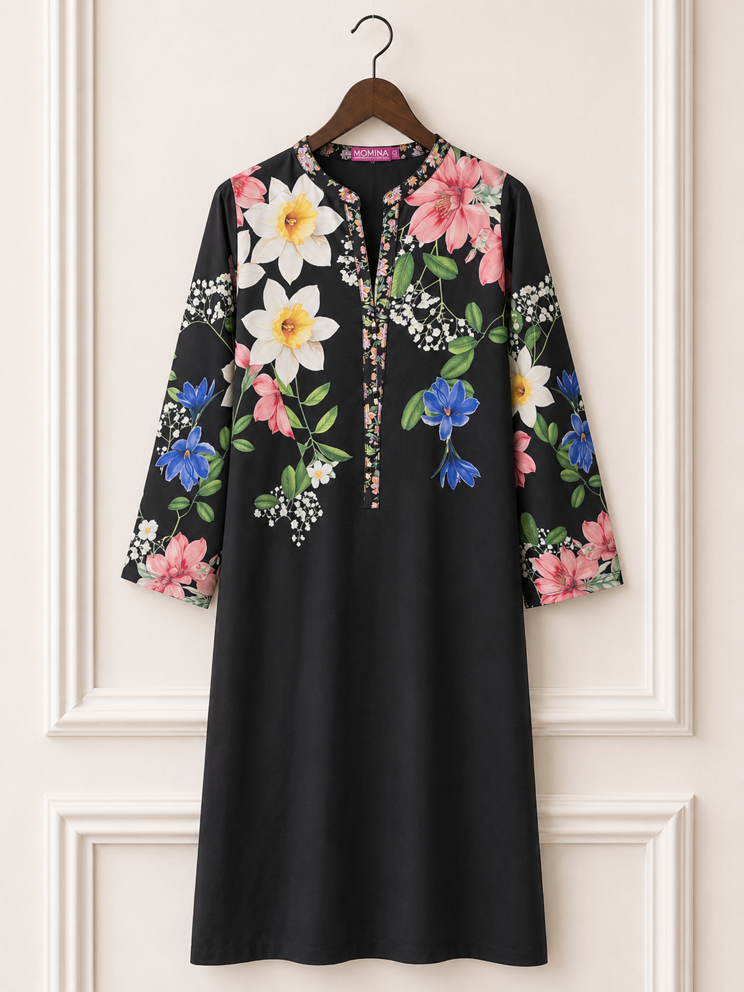 Printed Silk Kurta Shirt - Black Floral