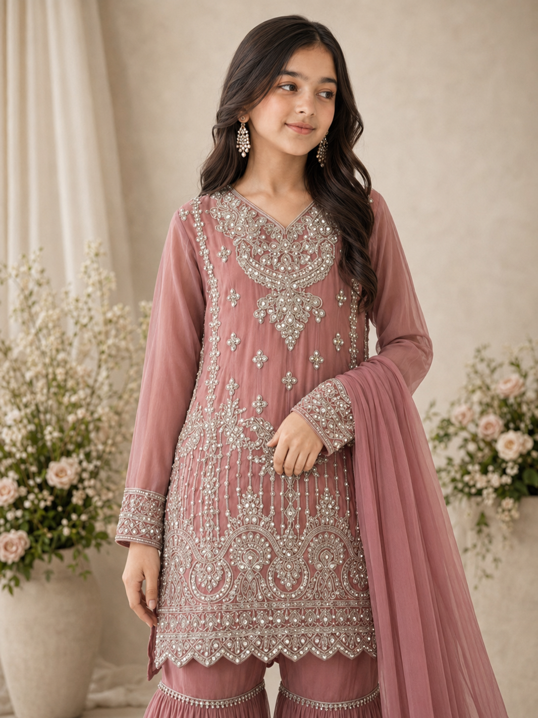 Girls Chiffon Embroidered Gharara Suit - Dusky Pink