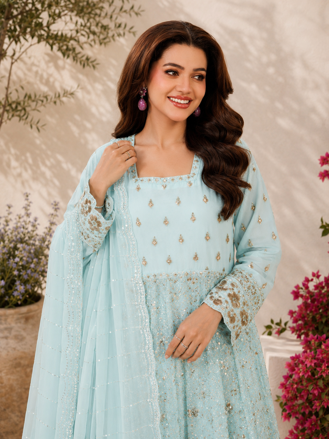 MOMINA "Dilkash" Embroidered Chiffon Dress Suit - Aqua