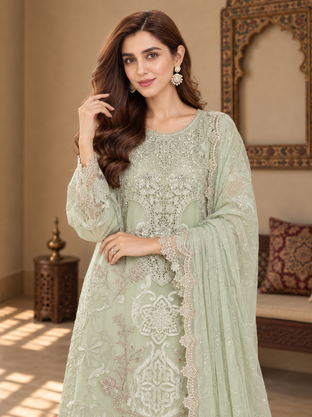 MOMINA "Leher" Embroidered Chiffon 3-Piece Suit - Mint Green