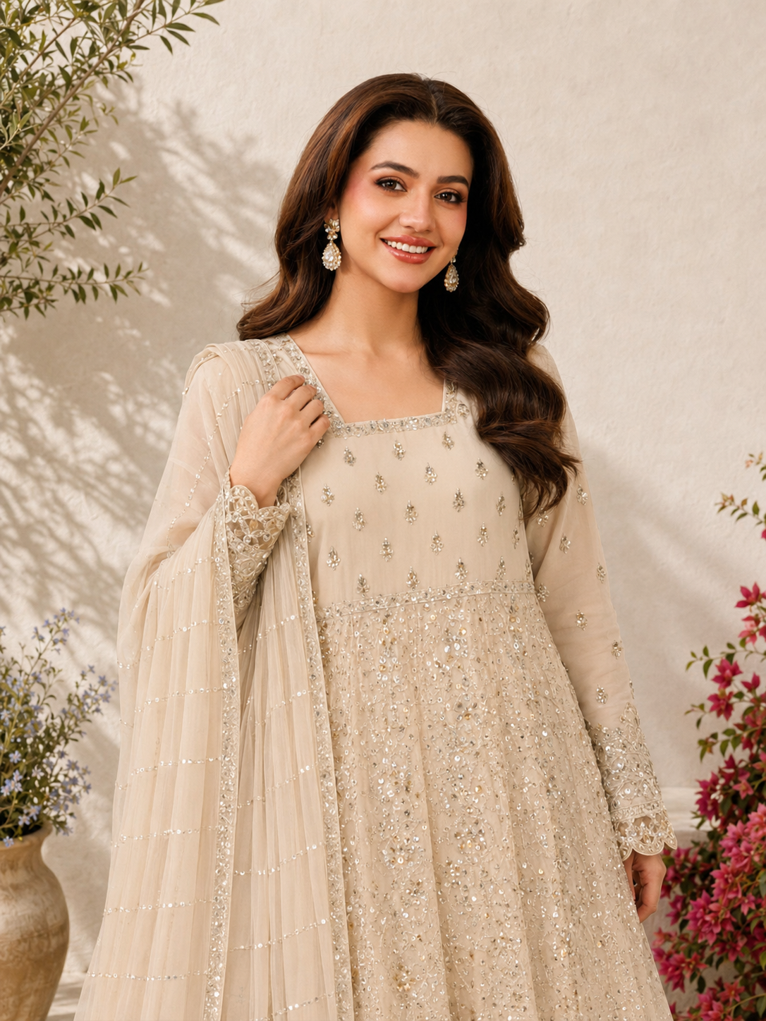 MOMINA "Dilkash" Embroidered Chiffon Dress Suit - Beige