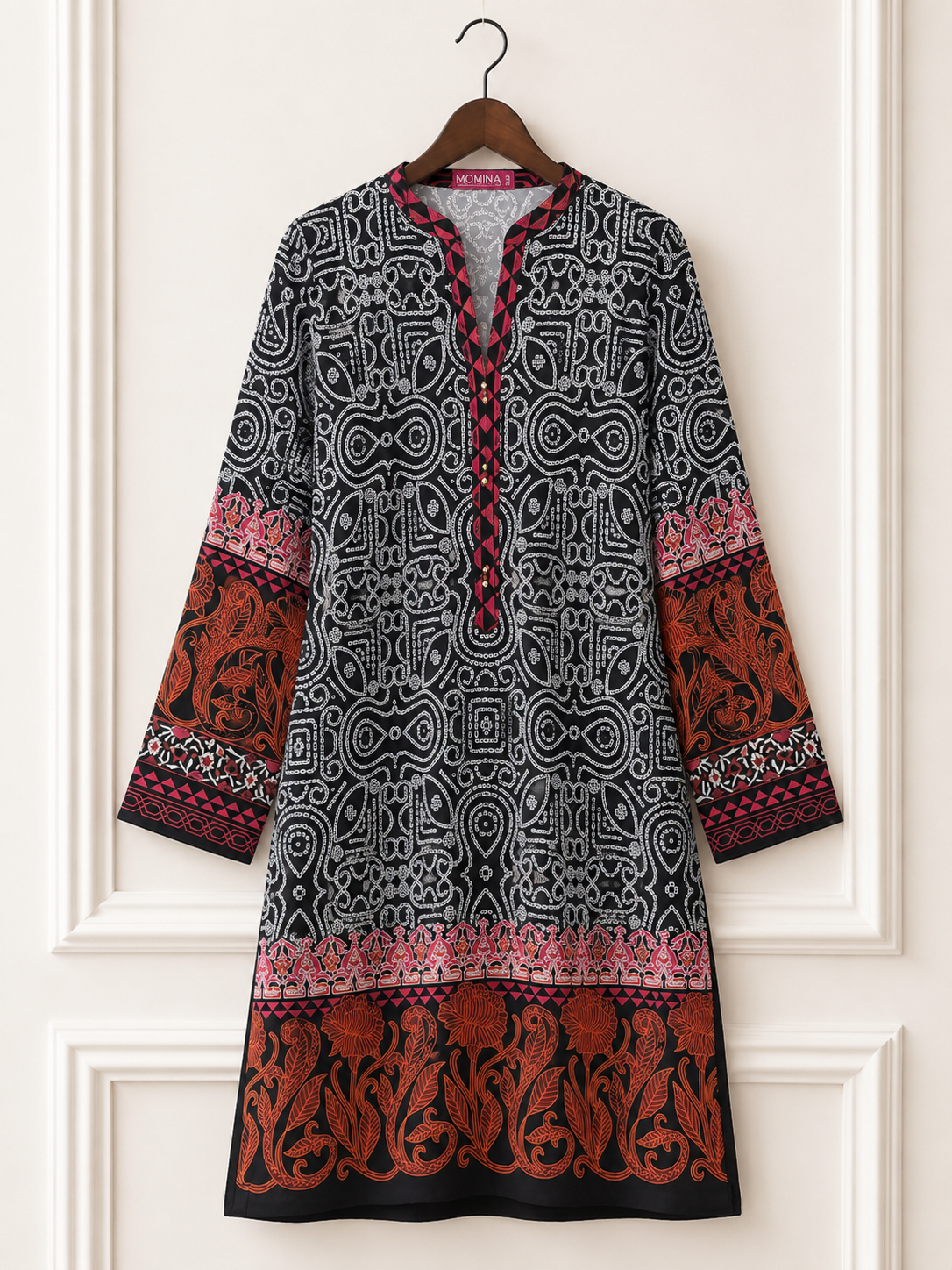 Printed Silk Kurta Shirt - Black and Red