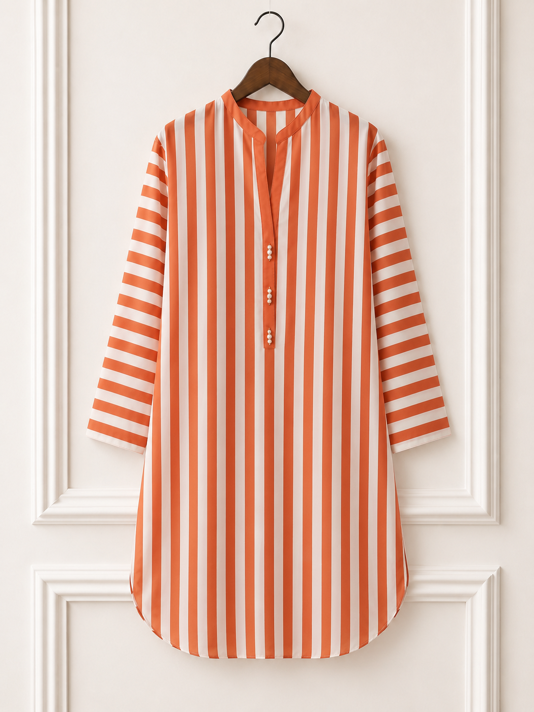 Printed Georgette Striped Kurta Shirt - Coral