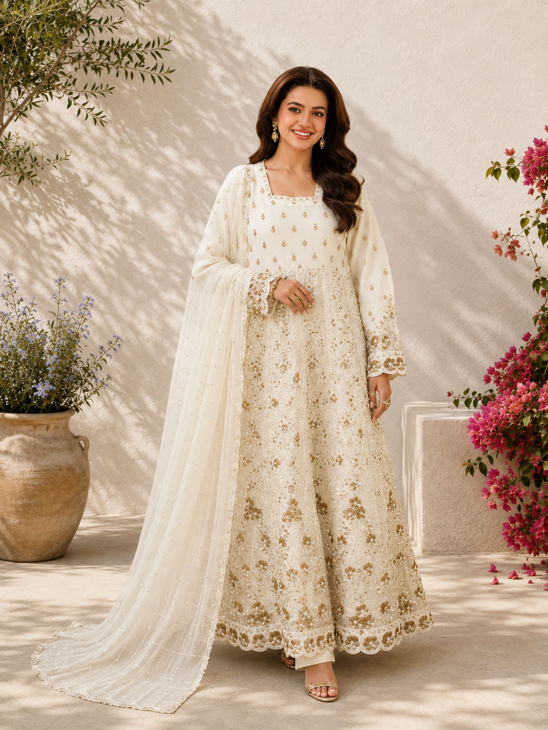 MOMINA "Dilkash" Embroidered Chiffon Dress Suit - Off-White