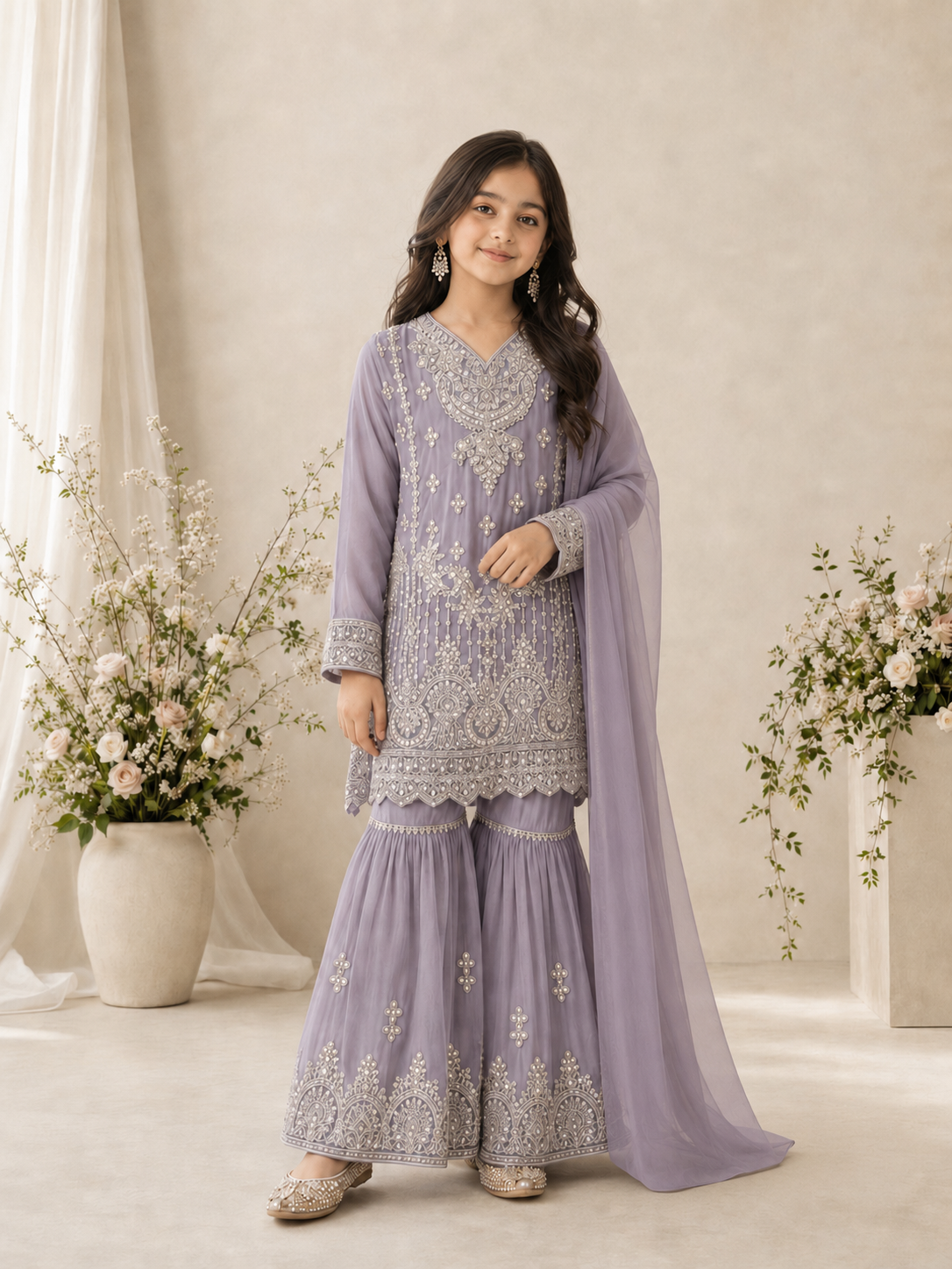 Girls Chiffon Embroidered Gharara Suit - Lilac