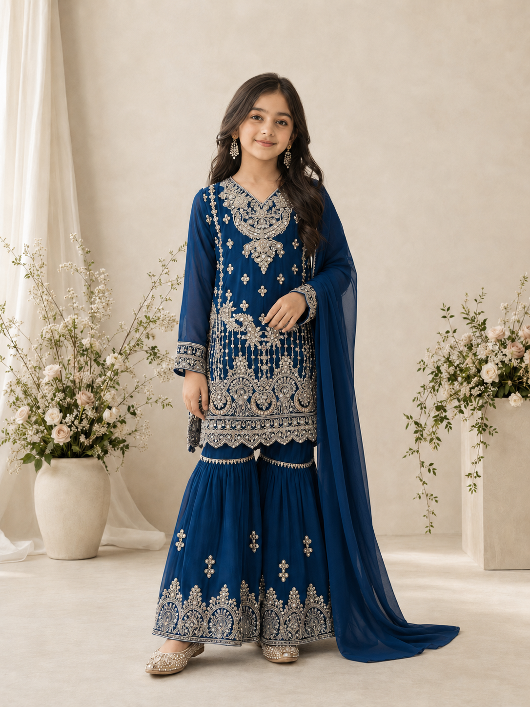 Girls Chiffon Embroidered Gharara Suit - Blue
