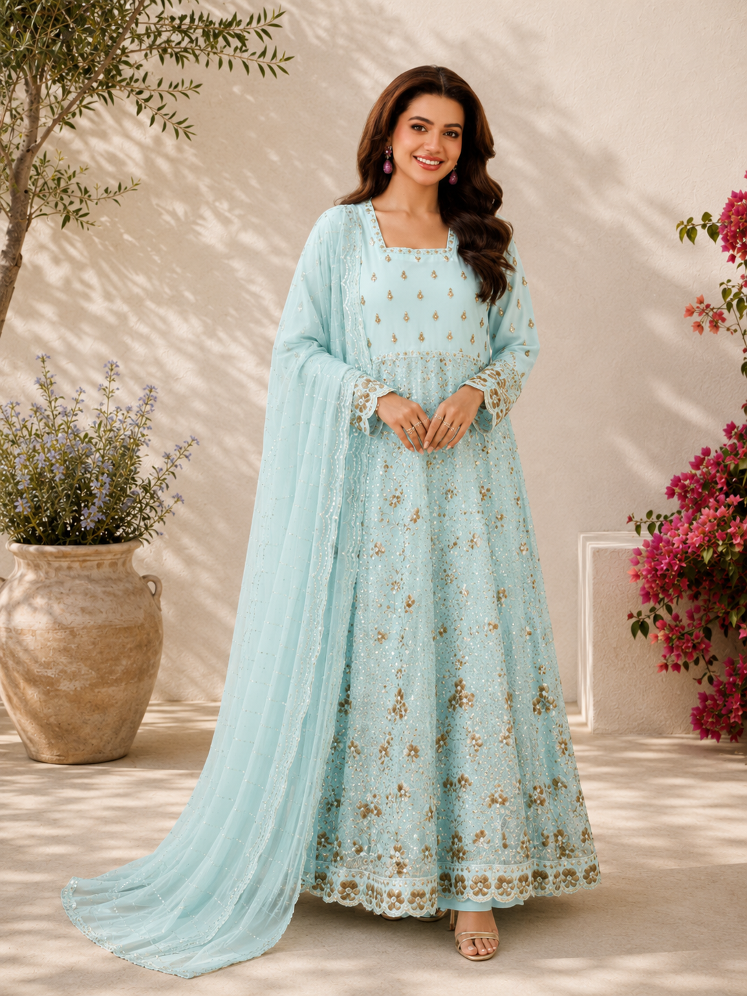 MOMINA "Dilkash" Embroidered Chiffon Dress Suit - Aqua