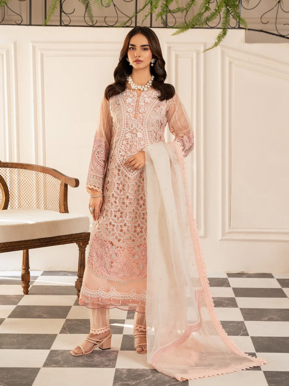 Ally's Pink Embroidered Organza 3-Piece Suit (AL3992)