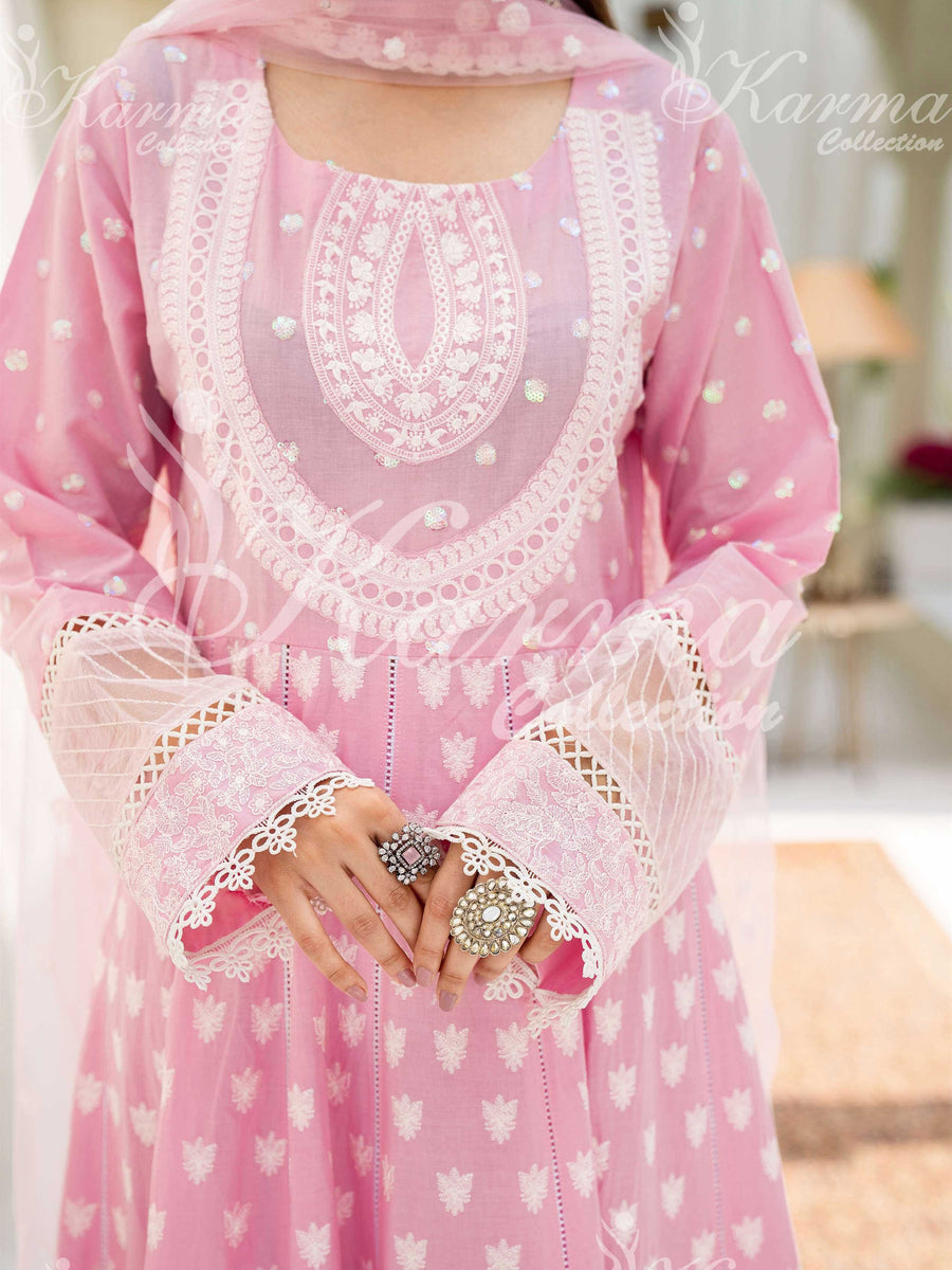 Karma Collection Pink Embroidered Long Frock 3Piece Suit (1303