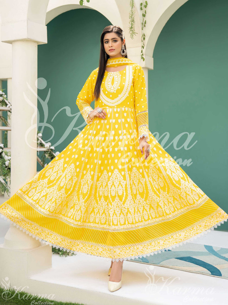 Karma Collection Yellow Embroidered Long Frock 3Piece Suit (1303