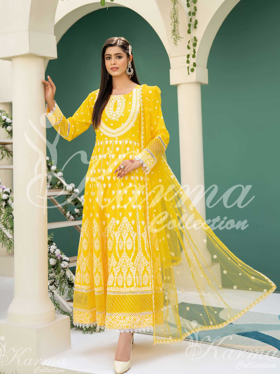 Karma Collection Yellow Embroidered Long Frock 3Piece Suit (1303