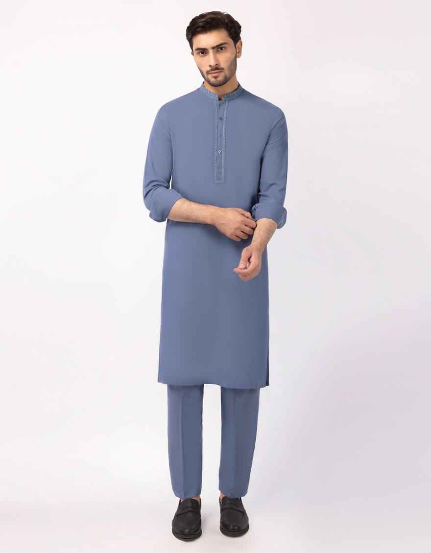 J. Mens Blue Blended Semi-Formal Kurta Trouser