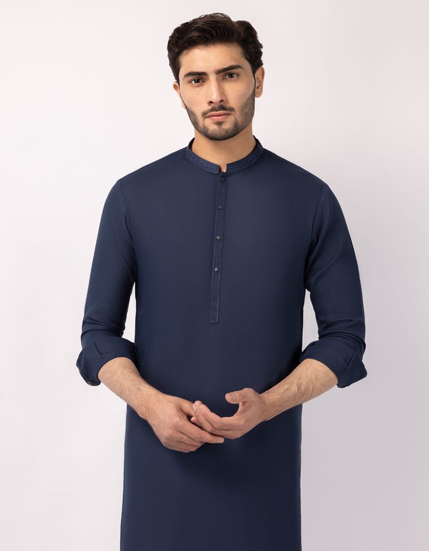 J. Mens Navy Blue Blended Semi-Formal Kameez Shalwar