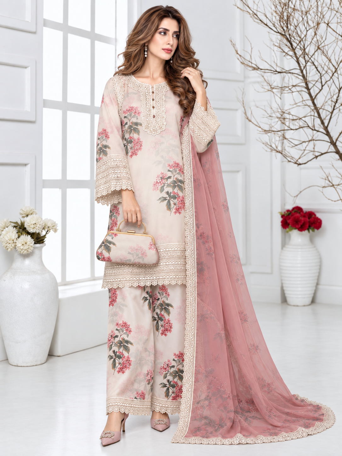 MOMINA "Adaa" Embroidered Organza & Silk Suit with Clutch - Cream