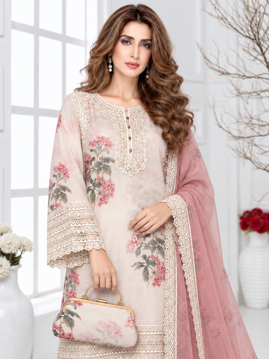 MOMINA "Adaa" Embroidered Organza & Silk Suit with Clutch - Cream