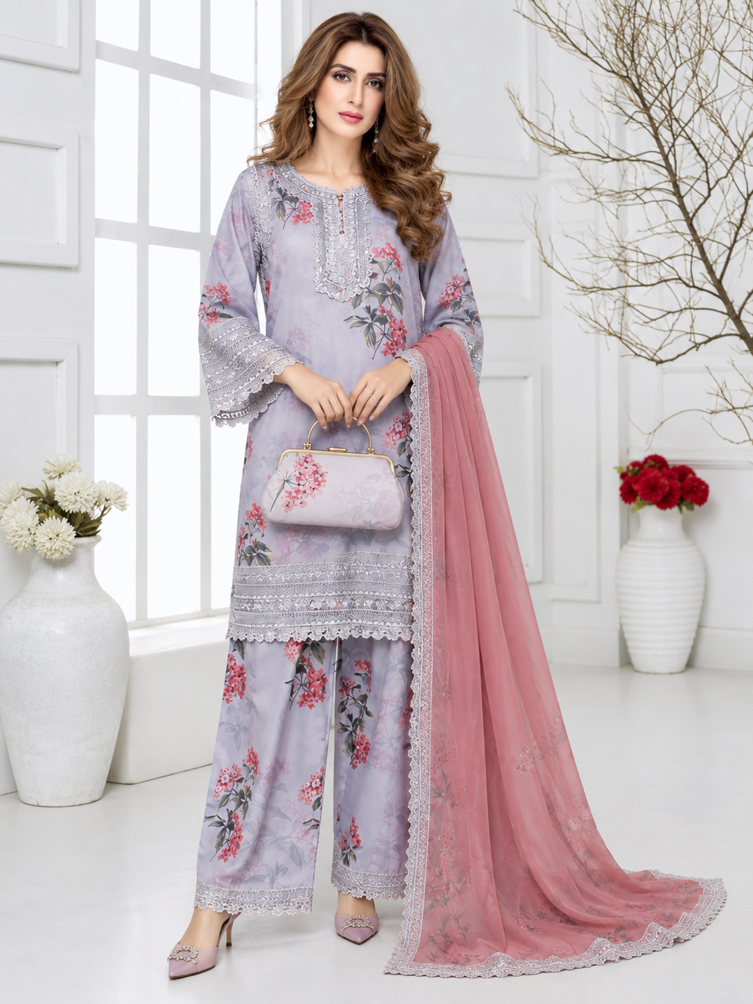 MOMINA "Adaa" Embroidered Organza & Silk Suit with Clutch - Lilac