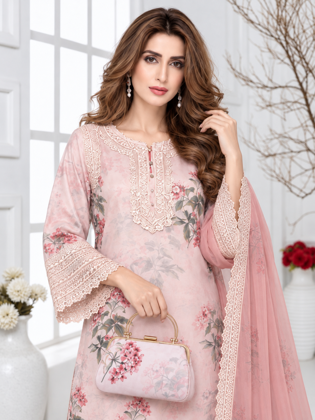MOMINA "Adaa" Embroidered Organza & Silk Suit with Clutch - Pink