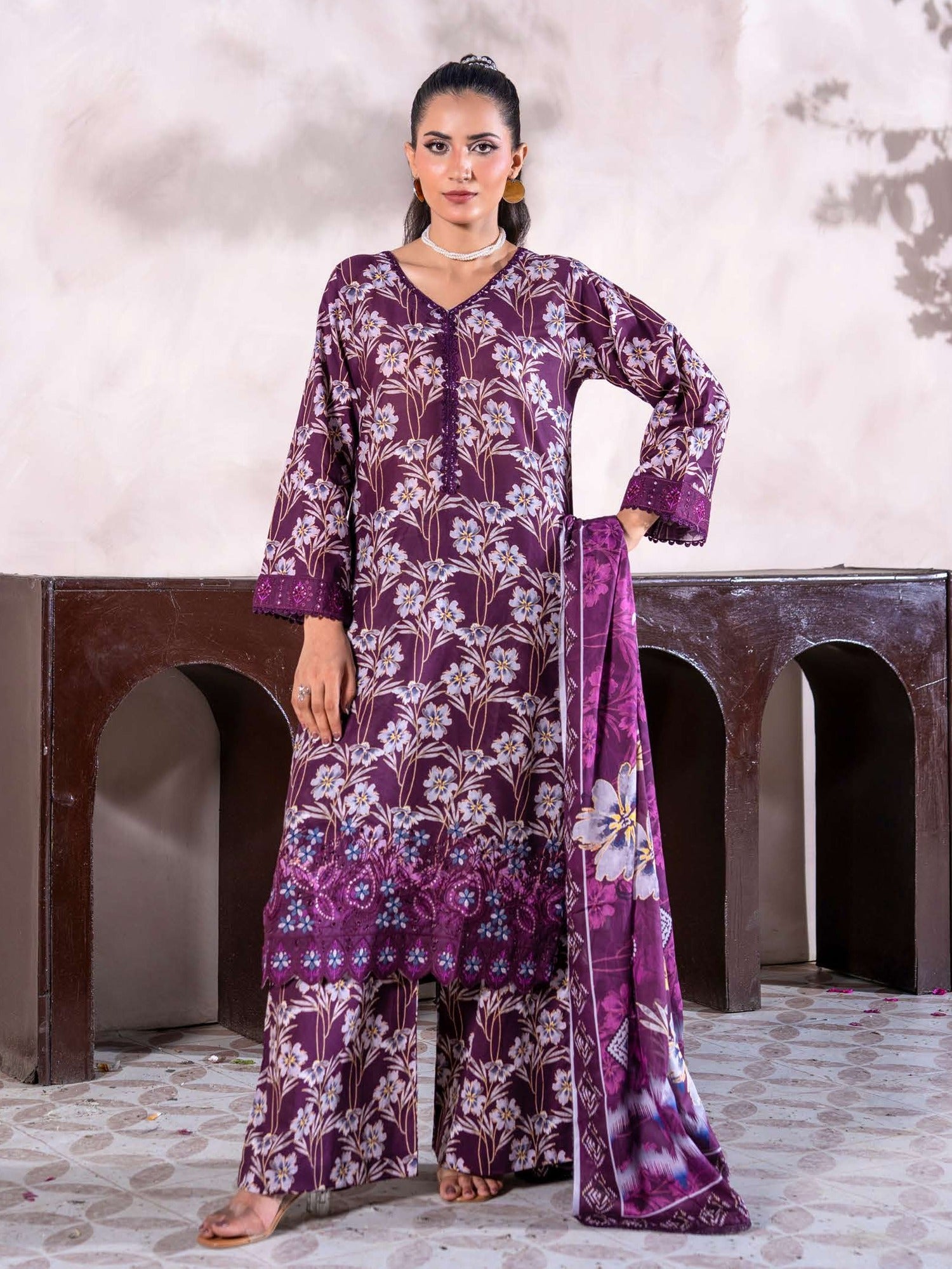Rangz "Meraki" Summer Lawn 3-Piece Suit - Purple