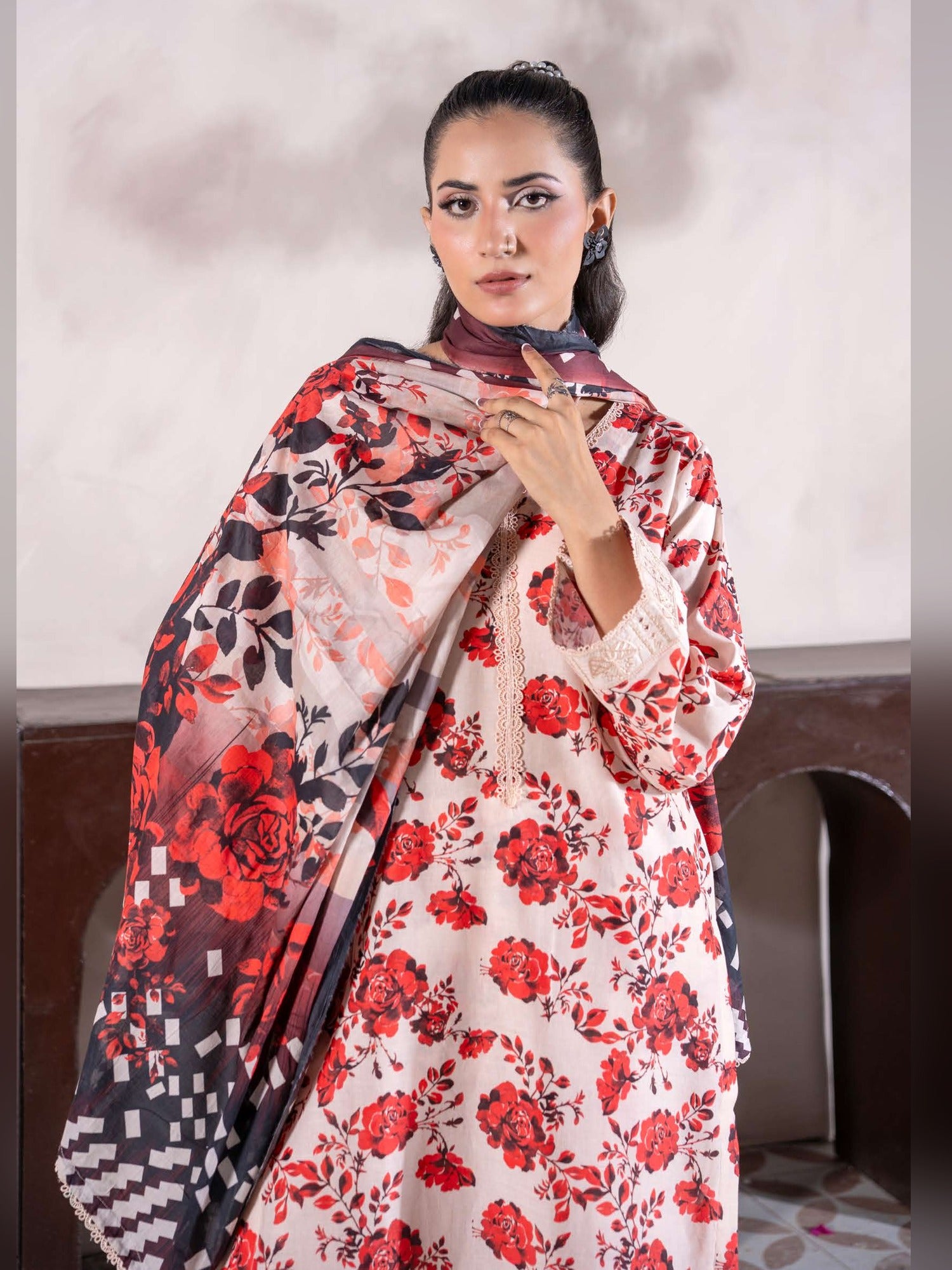 Rangz "Meraki" Summer Lawn 3-Piece Suit - Red