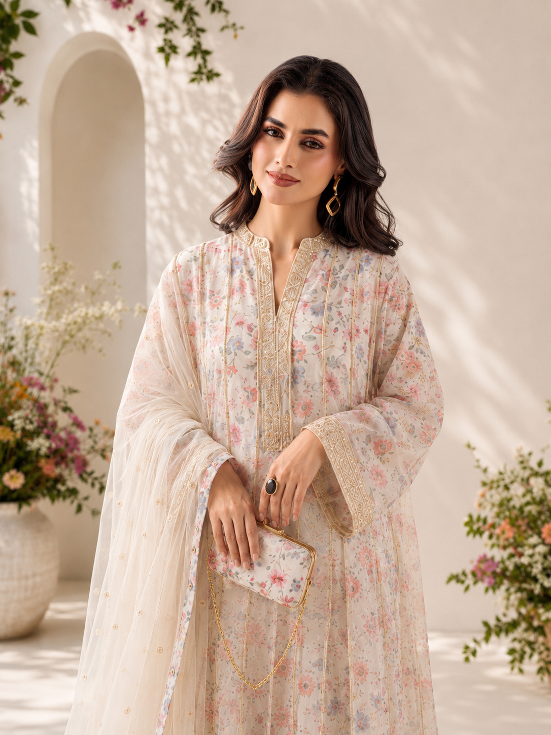 MOMINA "Bahaar Vol.2" Embroidered Net & Silk Suit with Clutch - Off-White
