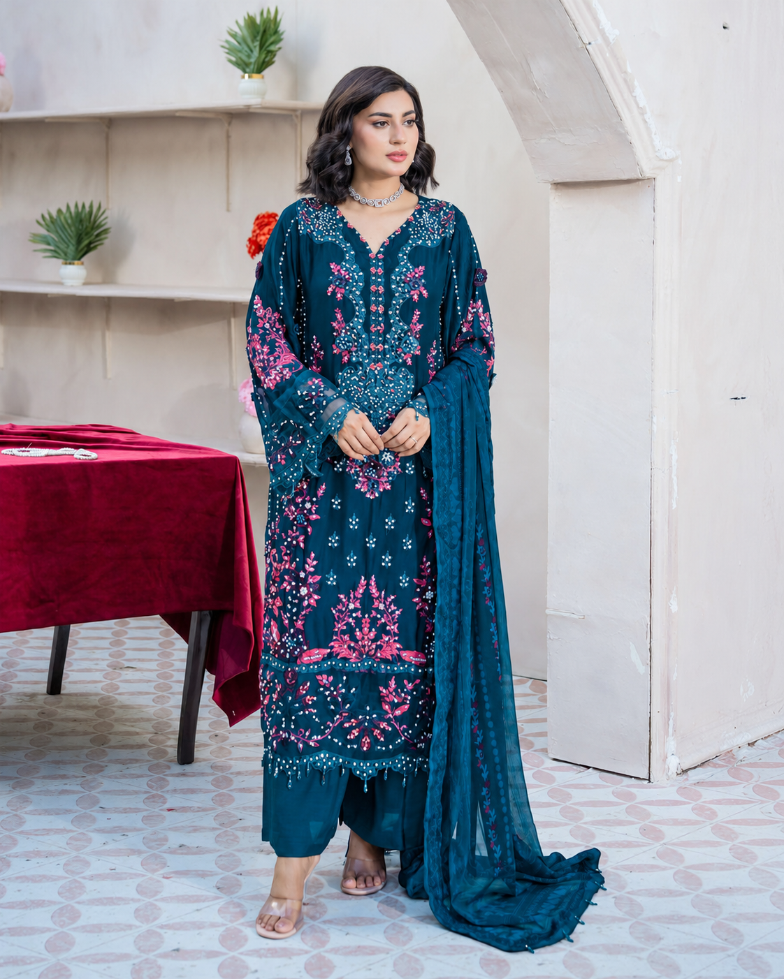 Rangz "Maeri" Embroidered Chiffon 3-Piece Suit - Teal