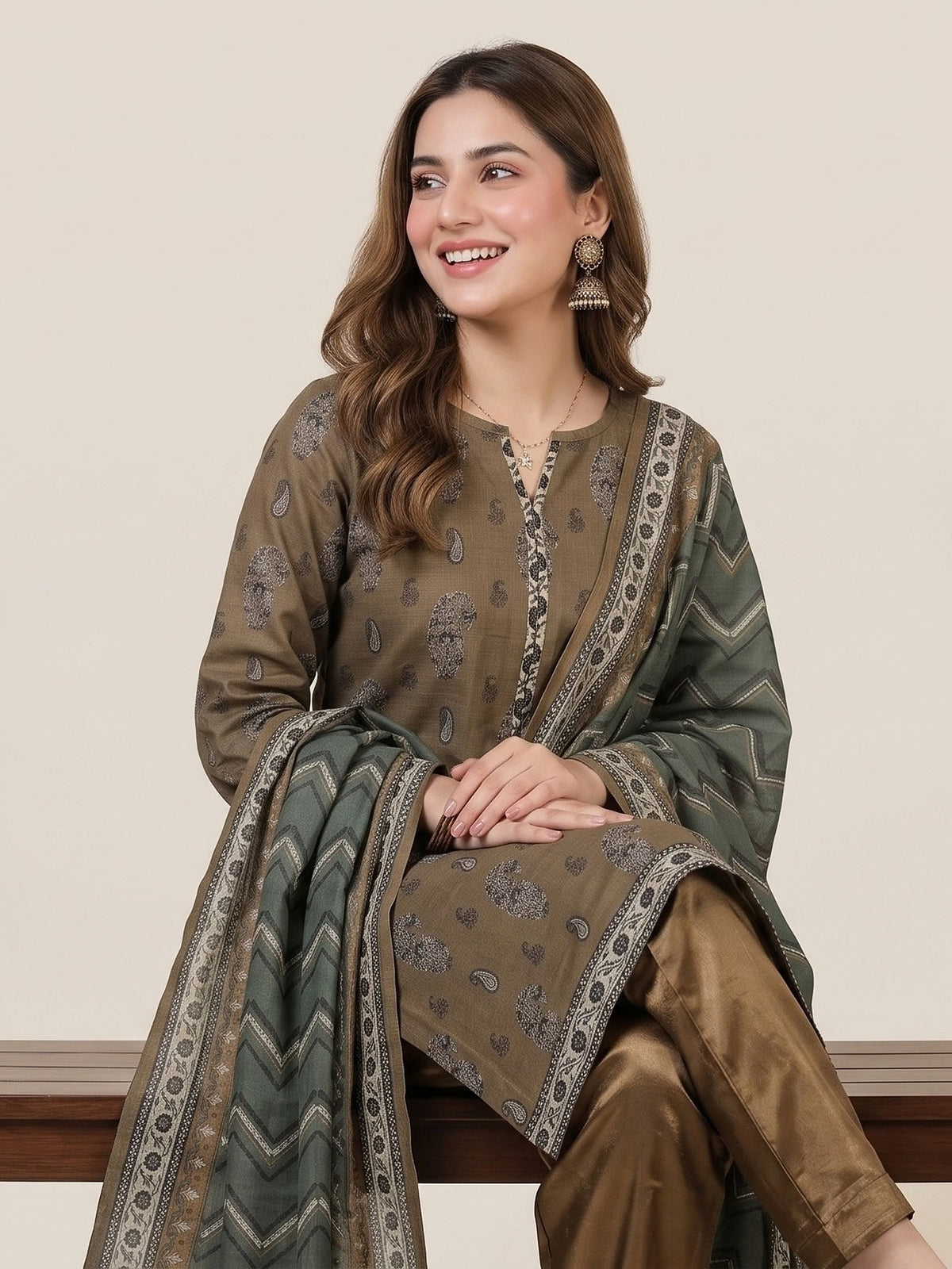 Tawakkal "Ghazal" Khaddar 3-Piece Suit D6267 - Olive & Green