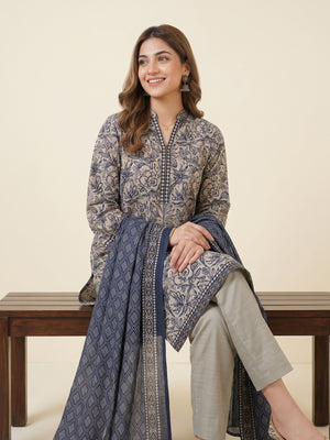 Tawakkal Jhoom Khaddar 3-Piece Suit D6285 Beige & Blue - view 2