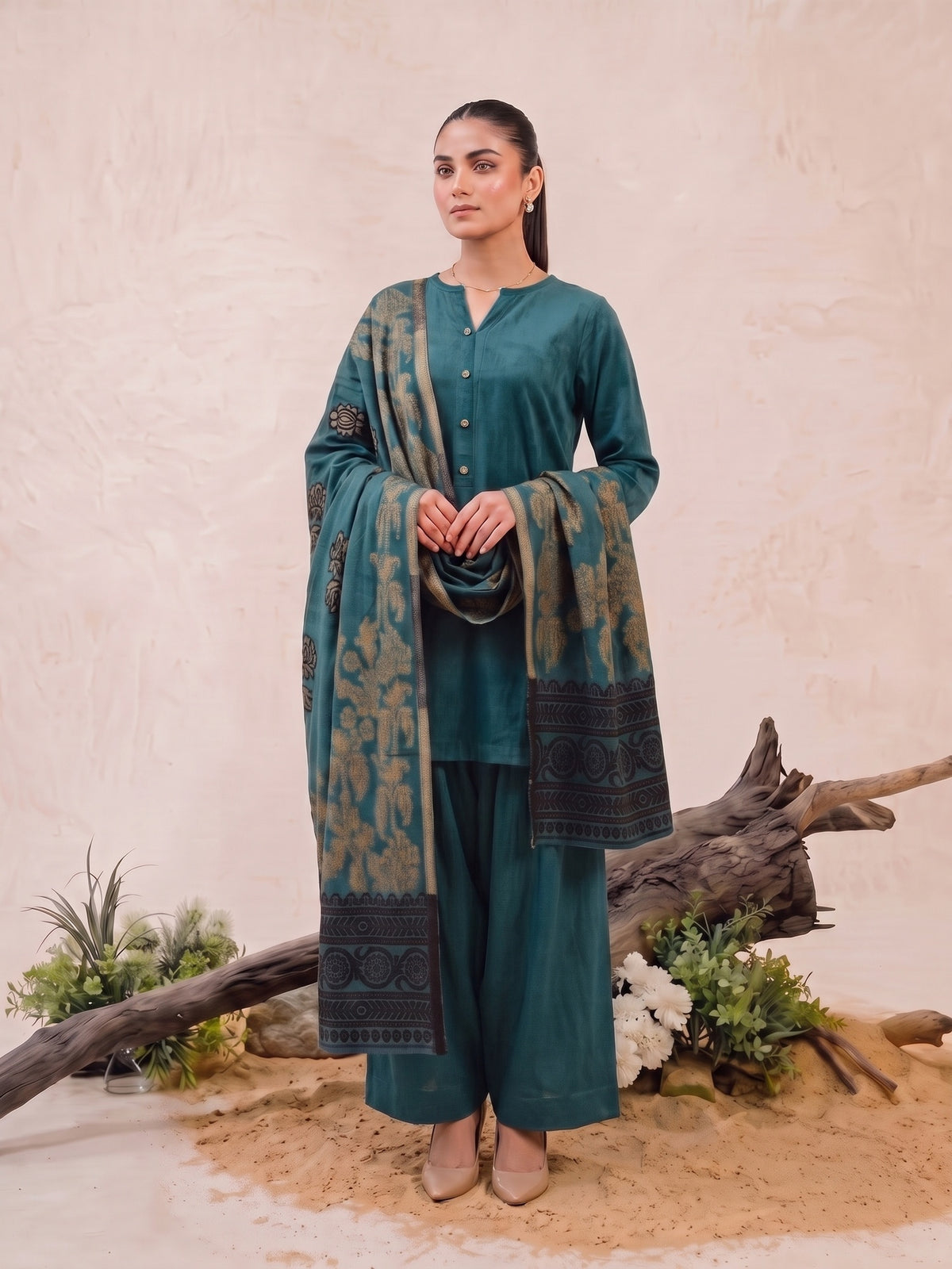 Tawakkal "Julian" Winter Leather-Peach Suit with Shawl (D5901) - Teal Green