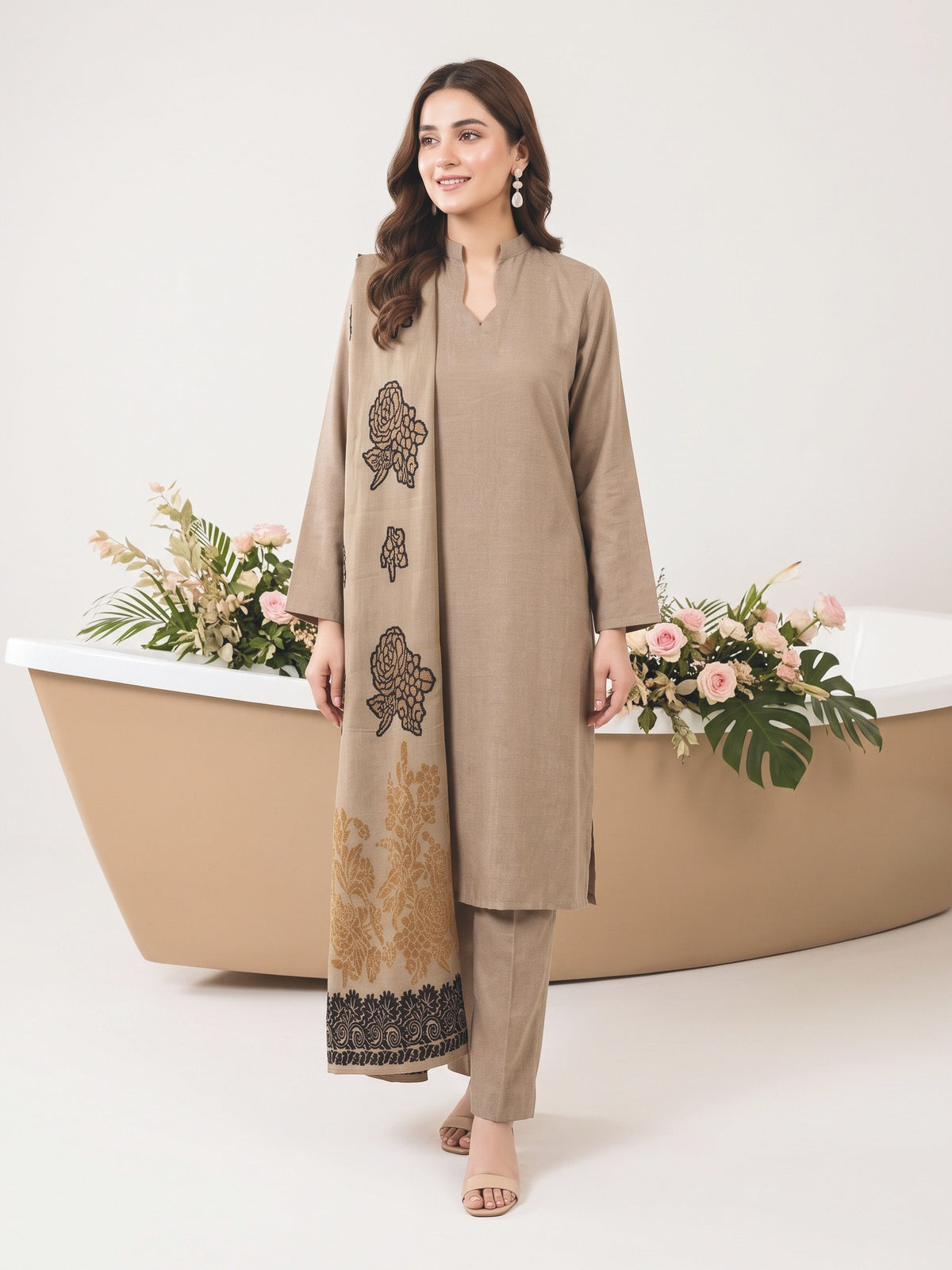 Tawakkal Julian Winter Leather-Peach Suit with Shawl D5902 Beige - front view