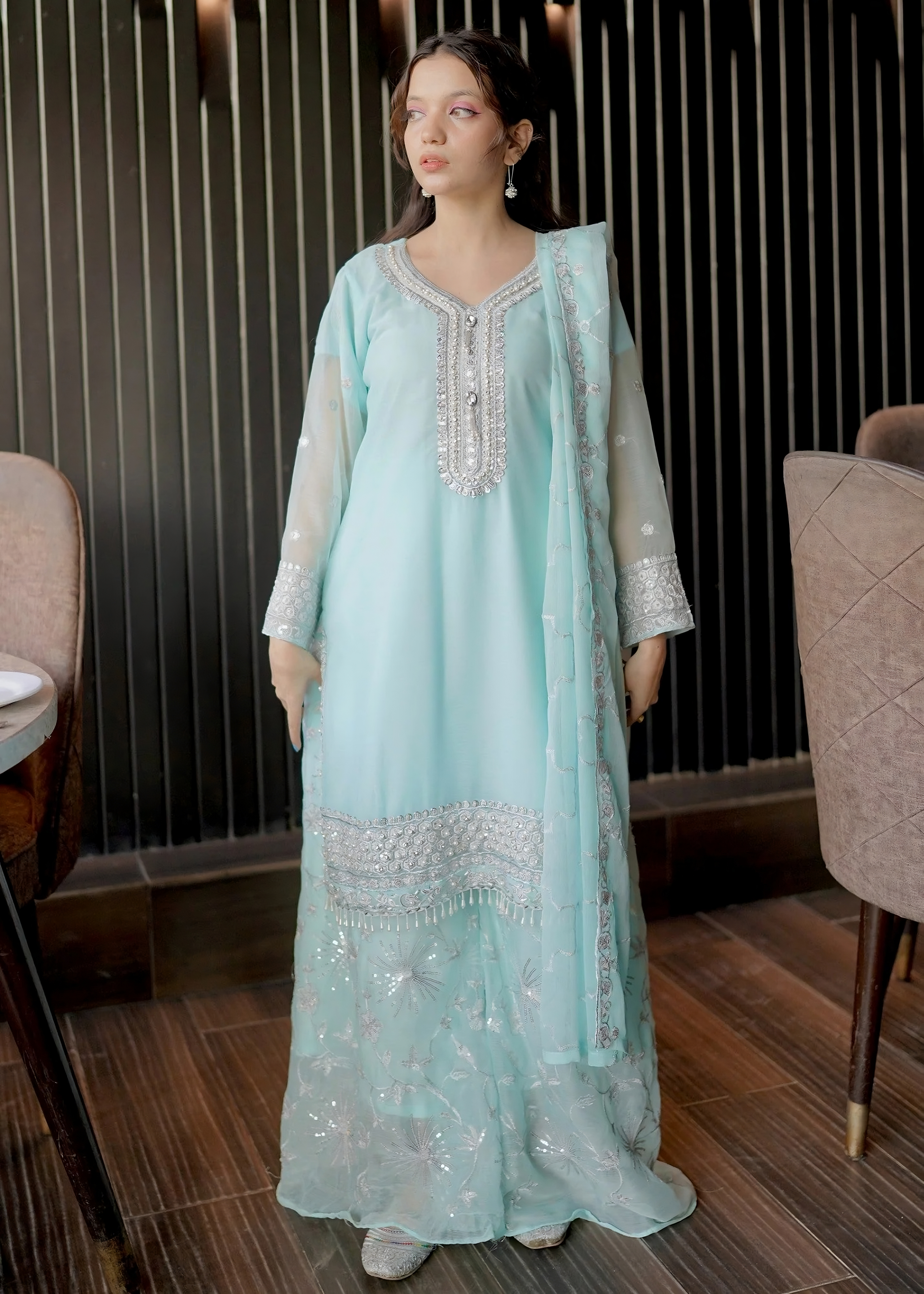 Sky Blue Embroidered Chiffon Suit with Gharara