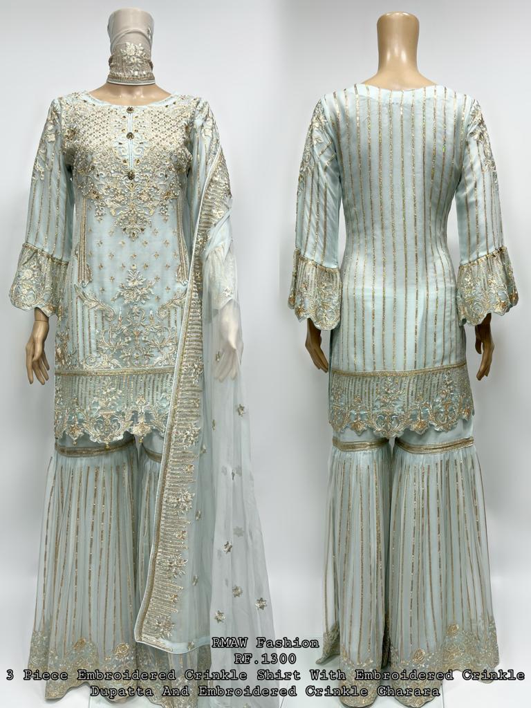 RMAW Light Blue Chiffon Embroidered Gharara Suit