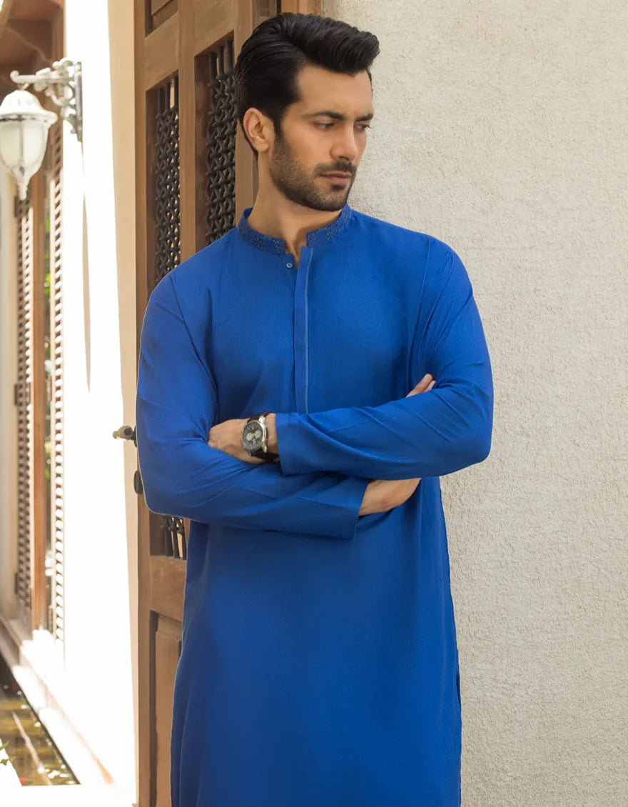 J. Mens Cobalt Blue Cotton Casual 2-Piece Kurta + Trouser