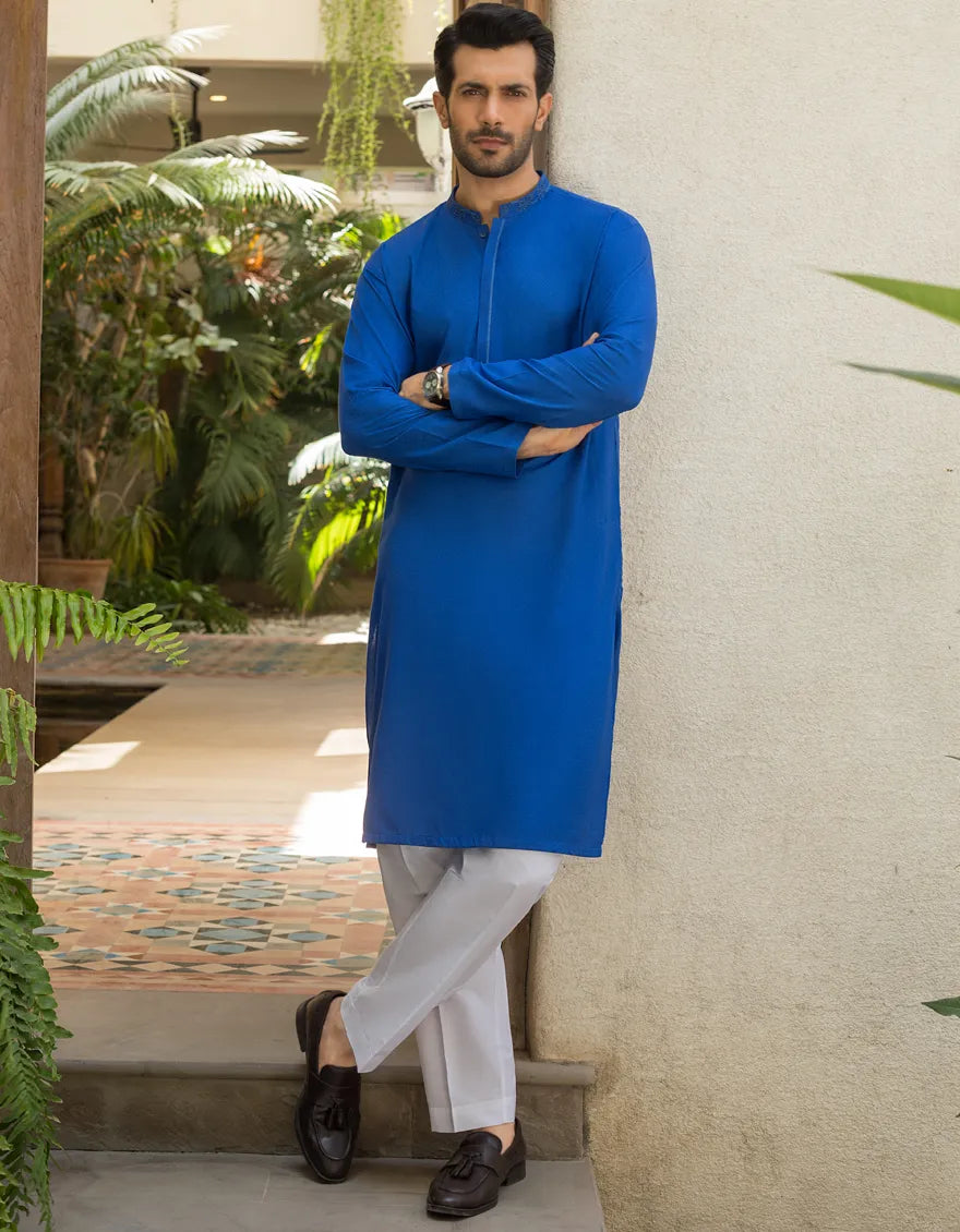 J. Mens Cobalt Blue Cotton Casual 2-Piece Kurta + Trouser